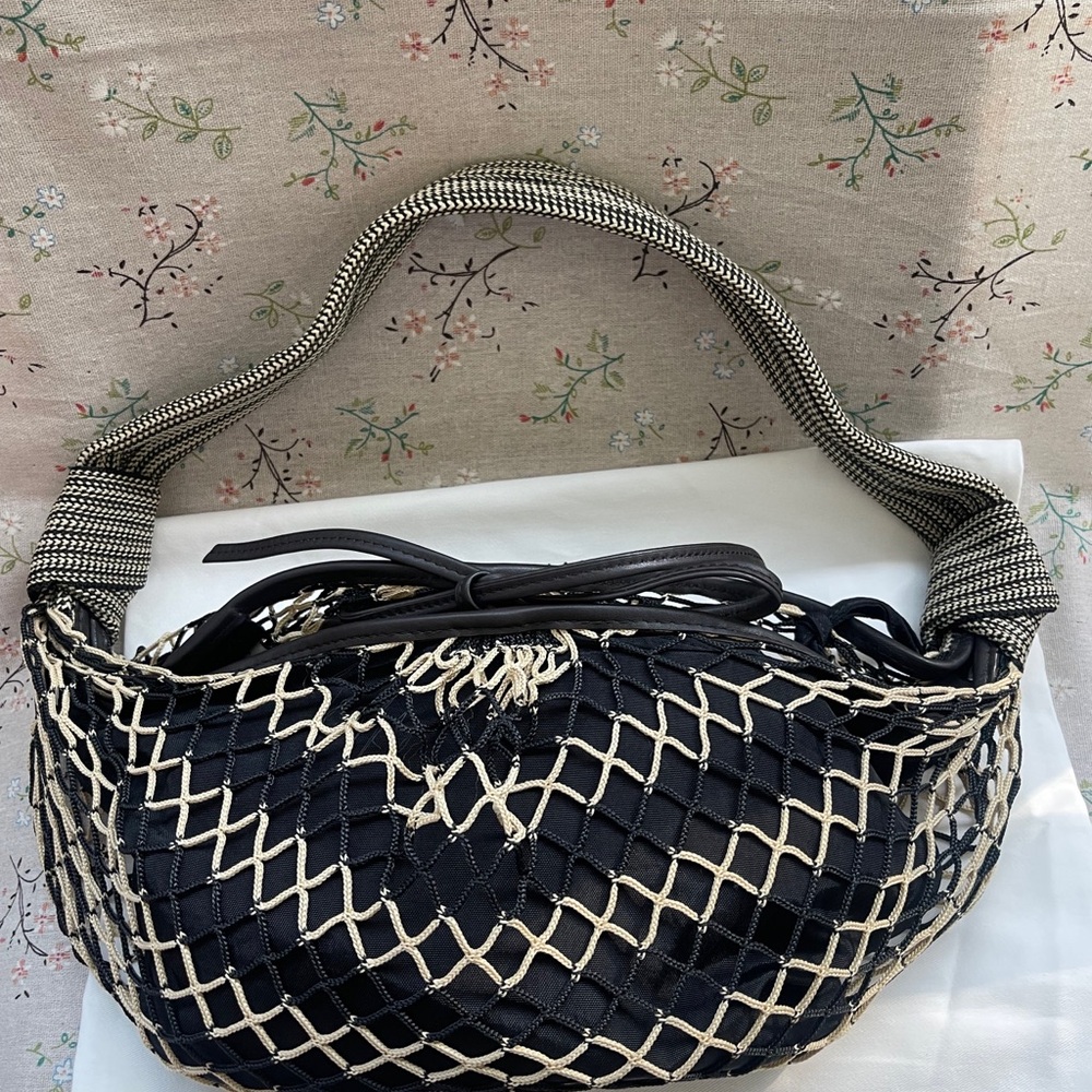 Lemaire Black Shoulder Bag with Cream Net Overlay